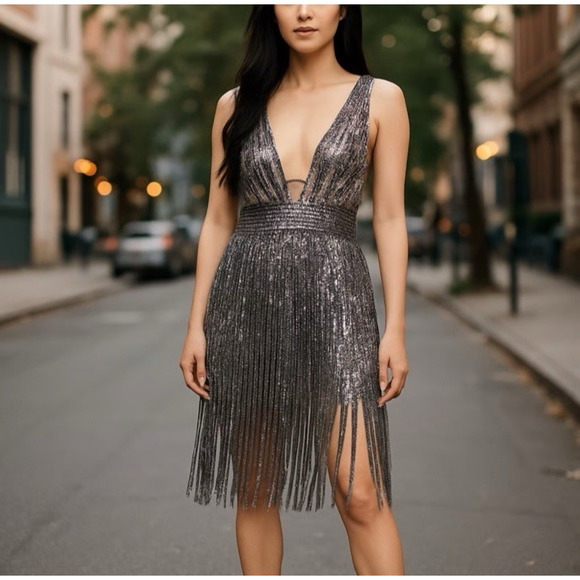 MANDALAY 10 Dress Sleeveless Metallic Fringe Mini Deep V- Neck Gunmetal Gray NWT - Picture 1 of 10